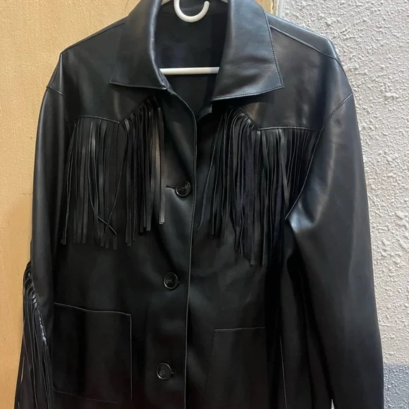 Mango Black Fringe Leather Jacket - Picture 1 of 7